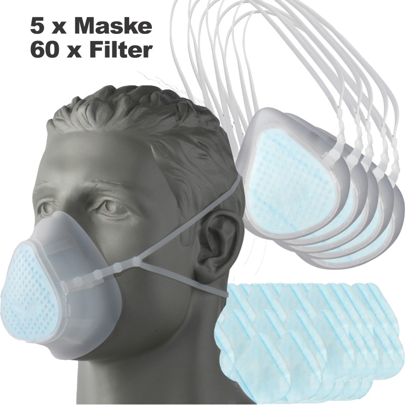 Mehrweg Silikon-Schutzmaske Kategorie KN95 (5 Masken inkl. 60 Stück Filter)