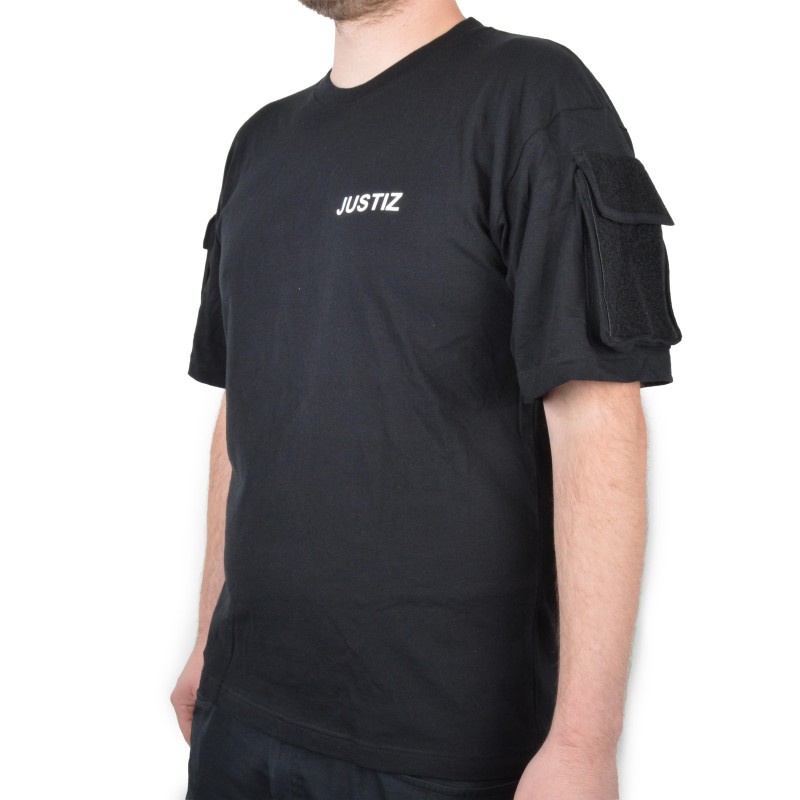T-Shirt mit Druck JUSTIZ, weiße Schrift, Ärmeltaschen mit Klett für Abzeichen